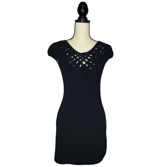 Roberto Cavalli Dress Black Bodycon Mini Length Cap Sleeve Caged Neckline Size 6 - Picture 1 of 12